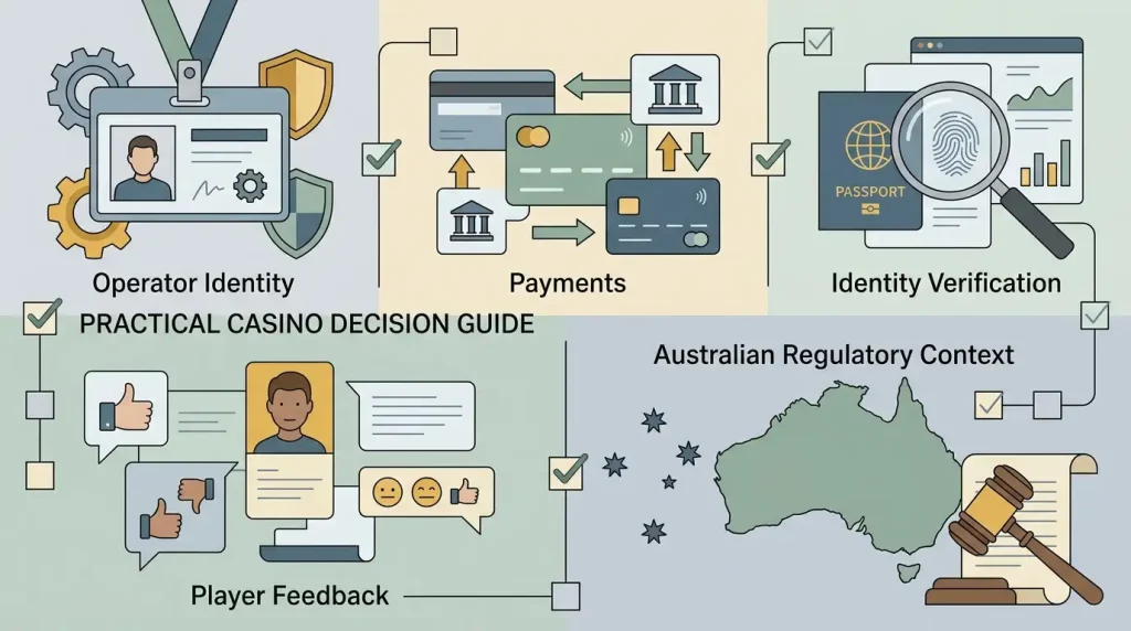 Editorial illustration of a structured casino decision checklist for Australia