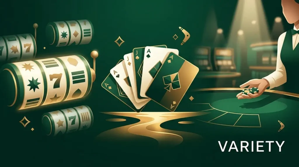 Editorial illustration of a varied online casino game library