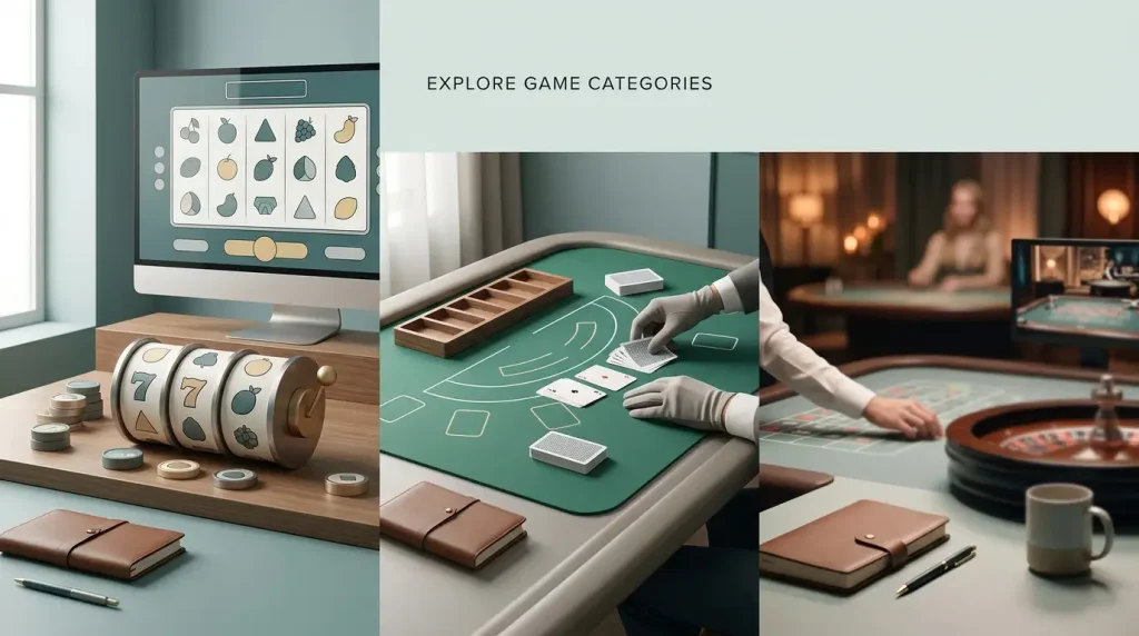 Editorial illustration of casino game categories arranged as a clean browsing grid
