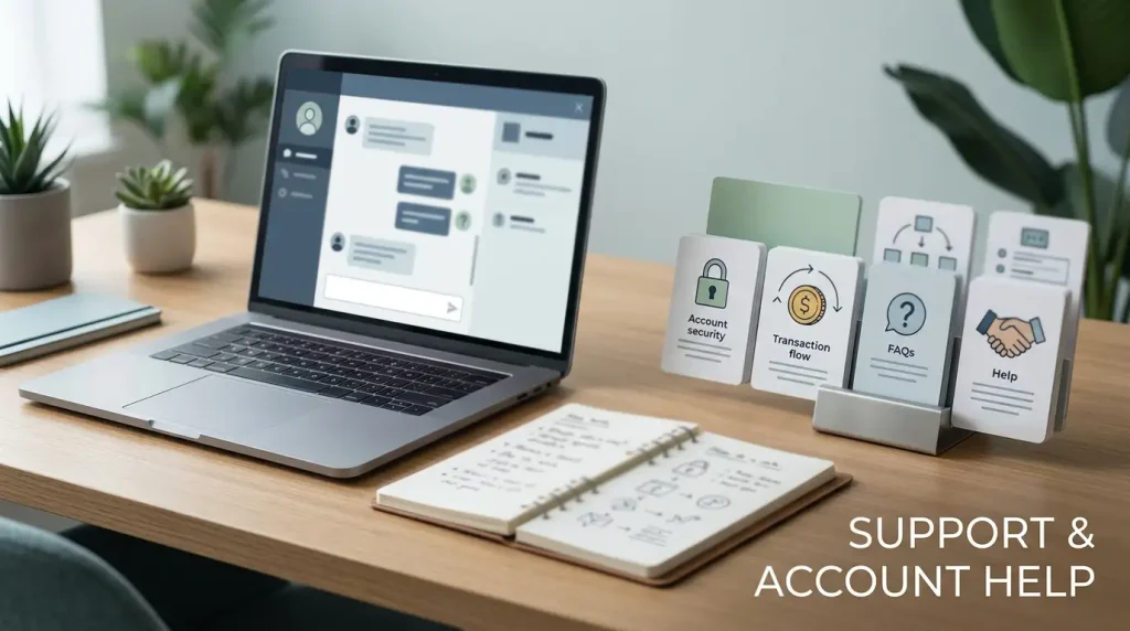 Editorial illustration of online support conversation and organised account notes