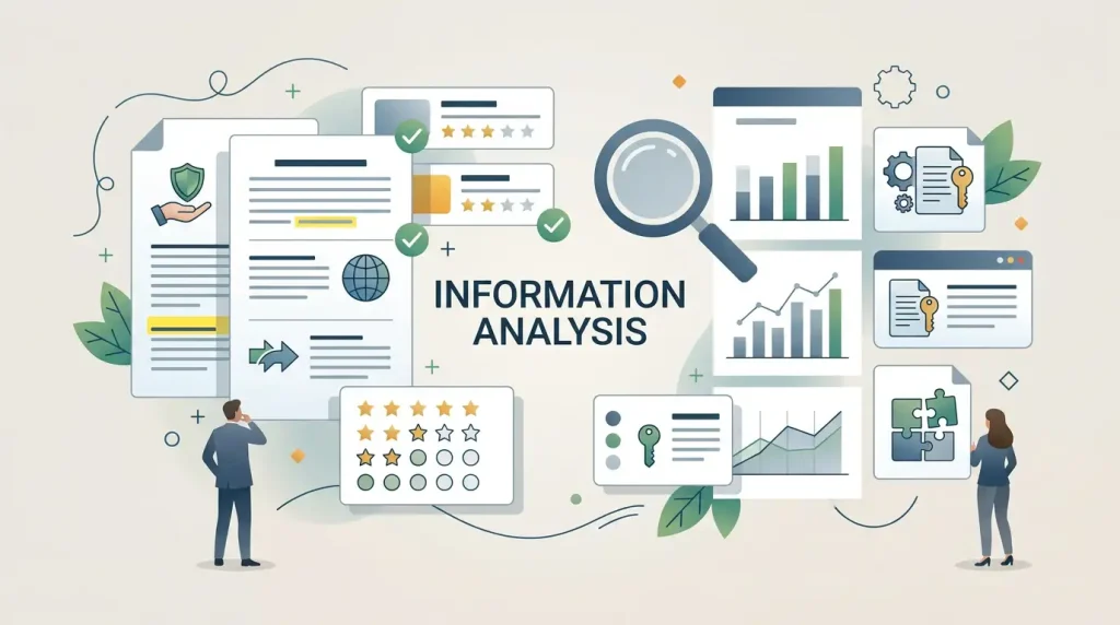 Editorial illustration of review cards being compared and checked